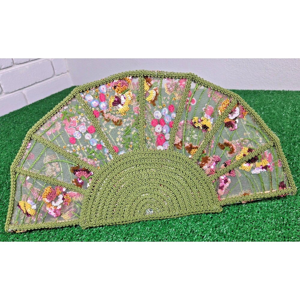 Handmade Fixed Hand Fan Green Sequin Floral Lace Usable Accessory New